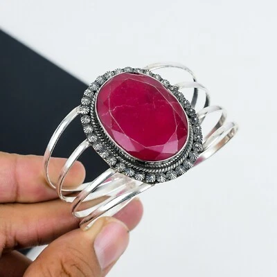 925 Sterling Silver Jewelry Kashmir Ruby Lab-Created Gemstone Cuff Bangle Gifts - Image 1 of 4