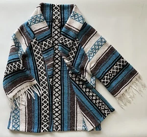 Handmade Blanket Coat Open Cardigan Upcycled Aztec Boho Mexican Baja Fringe Blue - Picture 1 of 6