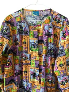 Scrub H.Q. long sleeves Halloween print front pockets, Snaps scrub Top Size Med - Picture 1 of 6