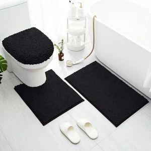 Black Bathroom Rugs Sets 3 Piece with Toilet Lid Cover Non Slip Extra Absorbe... - Picture 1 of 6