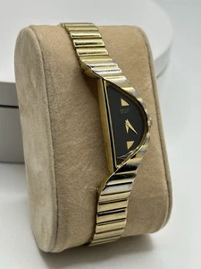 Seiko Half Moon 1F20-5D59 Asymmetrical Women’s Quartz Watch Gold Tone Black Dial - Picture 1 of 15