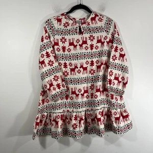 Hanna Andersson Ivory Holiday Dress Red Reindeer Snowflake Fair Isle Girls 10 - Picture 1 of 9
