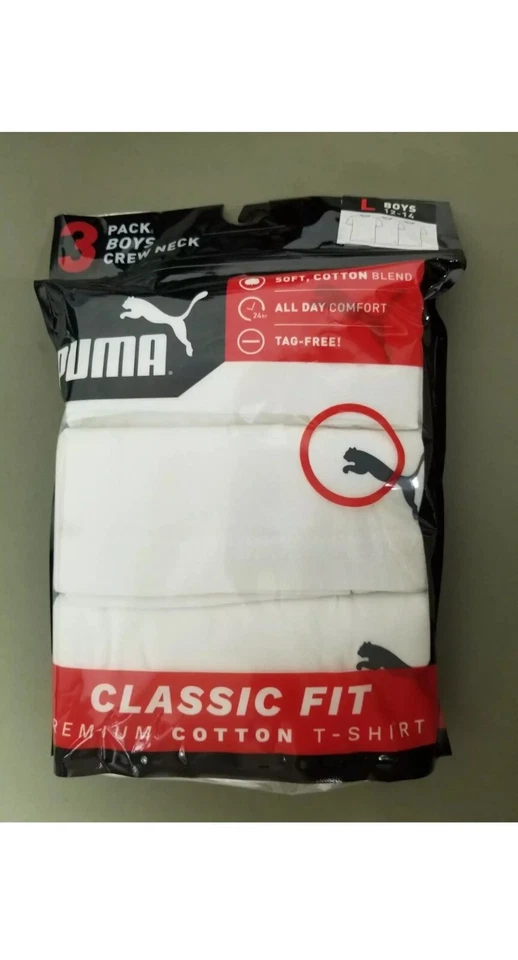 Pack de 3 camisetas blancas Puma de corte clásico cuello redondo para niños elige la talla Foto 1 de 4