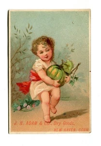 Tarjeta comercial victoriana JN ADAMS DRY GOODS New Haven CT niña con calabaza - Imagen 1 de 2