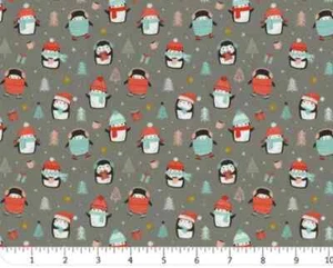 Camelot Puck Selders Merry Penguins Cotton Fabric on Gray 28" x 44" Remnant - Picture 1 of 1