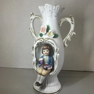 Vintage Porcelain Flower Vase With Boy Setting Holding Fruit 8” Tall - Picture 1 of 13