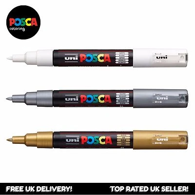 UNI-BALL Uniball Posca PC-1M Farbe Kunst Marker Stifte - Weiß +Silber +Gold (Set 3)