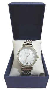 New Aura Wristwatch Pearlized Face Clear Crystal Bevel Stainless Adj Strap - Picture 1 of 5