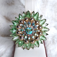 Vintage Exquisite JULIANA Green Navettes AB Rhinestone Domed Flower Brooch Pin