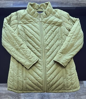 Isaac Mizrahi ¡EN VIVO! Chaqueta acolchada de nailon verde con estampado Lini Basil talla mediana Foto 1 de 4