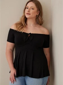 Torrid Women's Plus 4X Black Babydoll Super Soft Tie Front Off Shoulder Top - Imagen 1 de 5