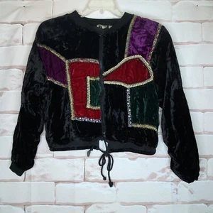 VTG Bomber Jacket Sz S Women's Cropped Velvet 90's Speed Limit MPH Boho Patch - Picture 1 of 10