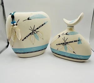 Lot Of 2 Little Blue Navajo Native American Pottery #L23 Jug #25 Pillow Vase - Picture 1 of 21