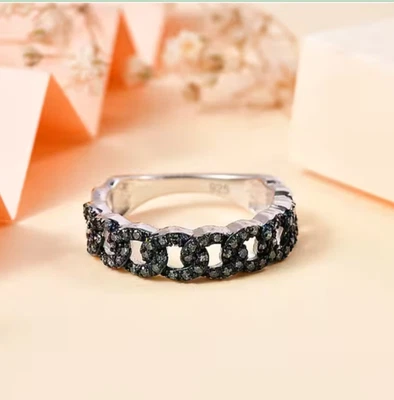 Blue Diamond 925 Sterling Silver "Chain Link" Ring, 18K White Gold Overlay. - Image 1 of 4