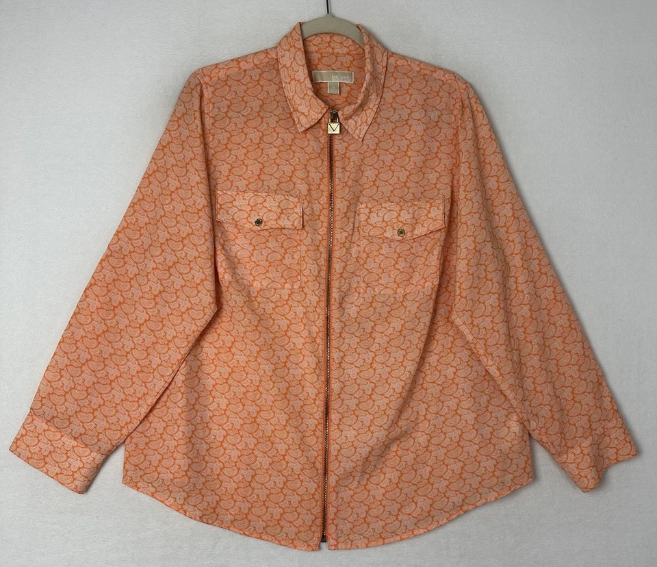 Blusa feminina Michael Kors laranja manga aba rolo paisley com zíper sedoso tamanho 1X - Imagem 1 de 4