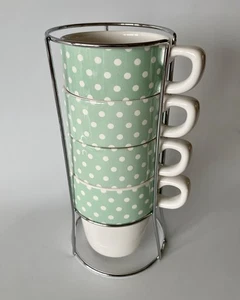 Vintage Avon 4 Tassen in Chrom Stapelset Retro Salbeigrün und Weiß Polkadot - Bild 1 von 7