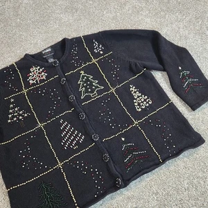 Studio Joy Ugly Christmas Strickjacke Pullover L schwarz Urlaub Perlen Bäume - Bild 1 von 9