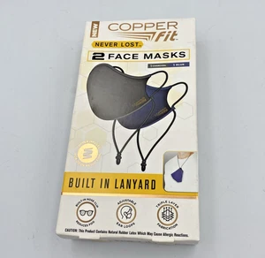 Copper Fit Never Lost Face Masks w/Lanyard 1 Blue & 1 Charcoal/Black New 2 Pack - Picture 1 of 2