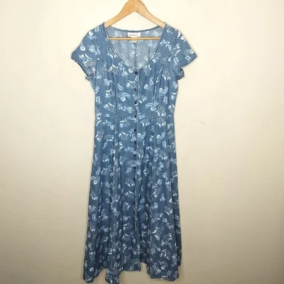 Maxi Vestido De Colección Chadwicks Floral Denim Talla 12 Manga Corta Botón Delantero Foto 1 de 4