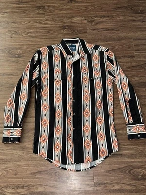 Wrangler Aztec Pearl Snap Shirt Mens Small Black Orange Western Long Sleeve - Image 1 of 4