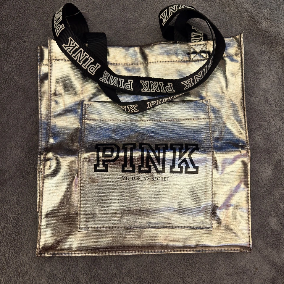 Victoria's Secret Women's Pink Tote Bag W/ Black Logo Hd3 Metallic Silver Small