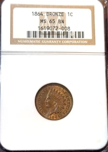 1864 Bronze Indian Cent NGC MS65 BN Beauty Best Price Ebay* CHRC - Picture 1 of 4