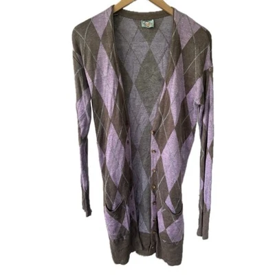 Plenty By Tracy Reese Brown Lavender Argyle Button Down Duster Long Cardigan S - Image 1 of 4