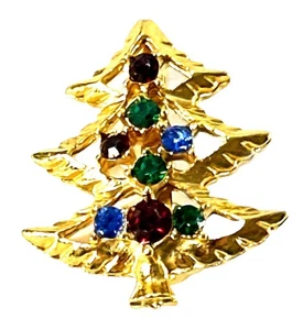 Broche de árbol de Navidad vintage tono dorado multicolor estrás prendedor navideño - Imagen 1 de 4