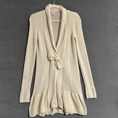 Suéter Lilly Pulitzer S Madison Crema Cachemira Lazo Cárdigan Volantes Preppy Largo Foto 1 de 4