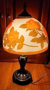 Emile Gallé Cameo Floral Glass Shade Metal Lamp Signed Large Orange/Brown - Picture 1 of 24