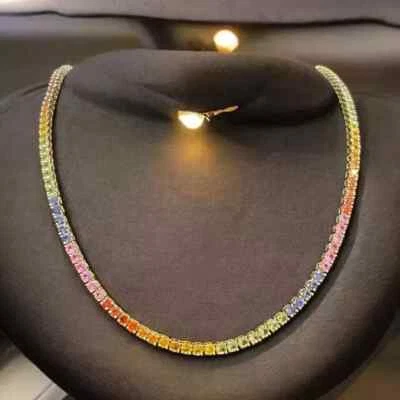 32Ct Lab Created Sapphire Rainbow Tennis Necklace 14K Yellow Gold Plated - Image 1 of 4