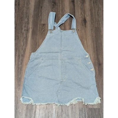 Free People Denim Overalls Dress Striped Frayed Hem Mini Size 12 - Image 1 of 4