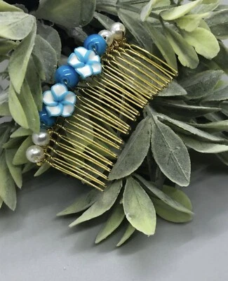 Acessórios de cabelo dourado 3,5” casamento noiva branco azul flor branco azul frisado - Imagem 1 de 3