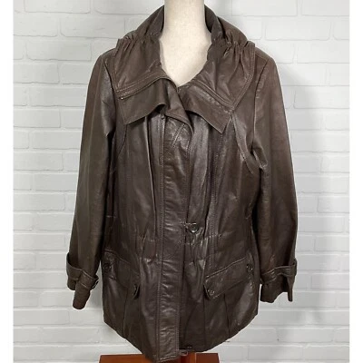 Chaqueta Danier Mujer 3XL Cuero Marrón Abrigo Cuello Cremallera Completa Forro Extraíble Foto 1 de 4