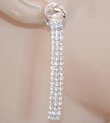 Orecchini donna clips argento fili strass pendenti lunghi cristallo sposa UAX80 - Immagine 1 di 2