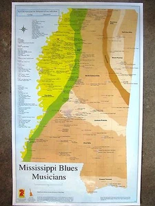 MISSISSIPPI BLUES MUSICIANS BIRTHPLACE MAP POSTER + free MS Blues Trail brochure - Picture 1 of 2
