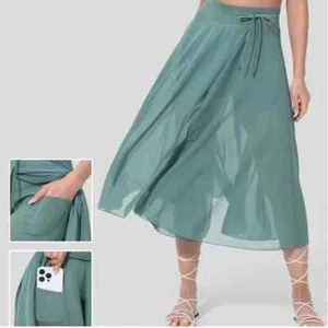 HALARA High Waisted Drawstring Contrast Mesh 2-in-1 Flowy Midi Flare Skirt - Picture 1 of 11