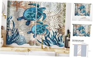Nautical Blue Sea Turtles Beach Short Kitchen Window Curtains Ocean Starfish - Picture 1 of 7