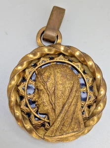 Médaillon de 1925 de la vierge Marie bronze doré pate de verre bleuté A.AUGIS - Photo 1/12