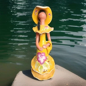 Dominican Handmade Faceless Doll Clay Statue - Yellow Dress w/ Floral Motif, 12" - Picture 1 of 8