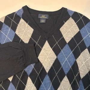 Brooks Brothers 346 Men's L Argyle V-Neck Merino Wool Sweater Blue Gray Classic - Picture 1 of 6