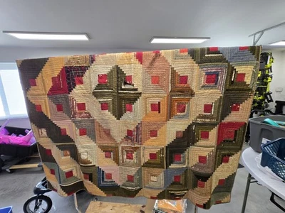 古董手工缝制原木小屋被子 – 19 世纪/1900 年代温暖地球色调,手工被子 — 第 1/4 张图片