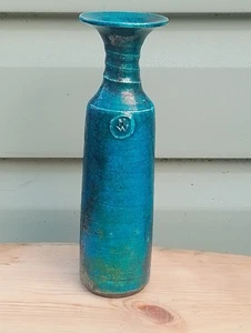 Vintage Hugh West signierte Studiokeramik Raku Vase türkis Glasur ~ 19,5 cm hoch - Bild 1 von 6