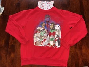Vintage Walmart Basic Editions Turtleneck Christmas Sweatshirt Red Dogs and Cats - Picture 1 of 10