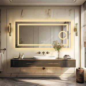 Large Illuminated LED Bathroom Mirror Anti-Fog Vanity Mirror with 3X Magnifier - Picture 1 of 18