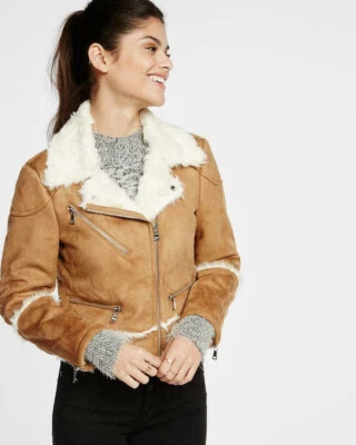 Express Moto Jacket TAN Faux SUEDE LEATHER Shearling XSMALL XS NWT BROWN  - Image 1 of 4