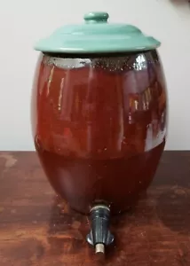 Vintage Zanesville Pottery Country Fare Turquoise & Brown Crock Dispenser w/Lid - Picture 1 of 8