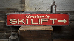 Ski Lift Arrow, Custom Skier Name Gift - Rustic Distressed Wood Sign - Picture 1 of 2