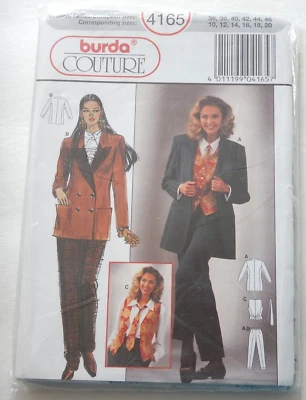Burda Couture 4165 Women's Pants Jacket Vest Tie ca. 1993 sizes 10-20 UC FF - Image 1 of 2