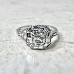 1.08 CTTW Handcrafted Platinum Art Deco Style Diamond Halo Engagement Ring - Picture 1 of 8